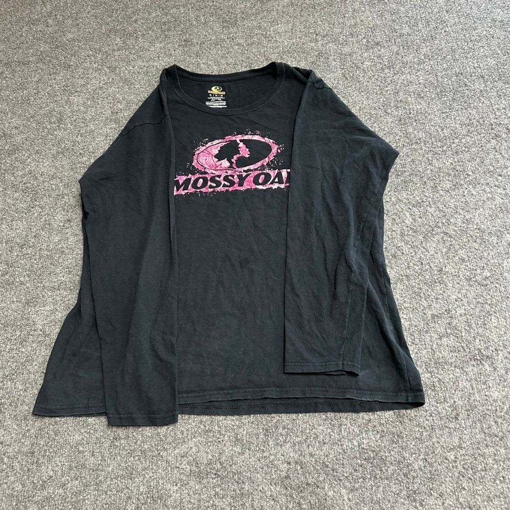 Mossy Oak Long Sleeve Shirt Womens Size XL Black Pink Logo Cotton Graphic Tee